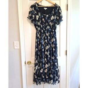 Ophelia Roe Maxi Dress Womens Sz L Boho Blue Dark Floral Cottagecore Western NWT